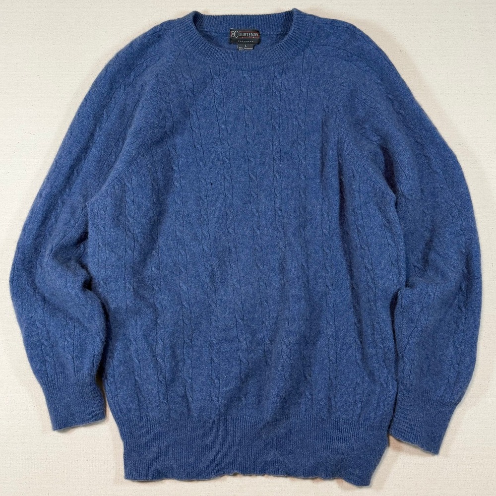 Courtenay Cashmere Sweater Large 20x27 Blue Cable Knit Crewneck Pullover